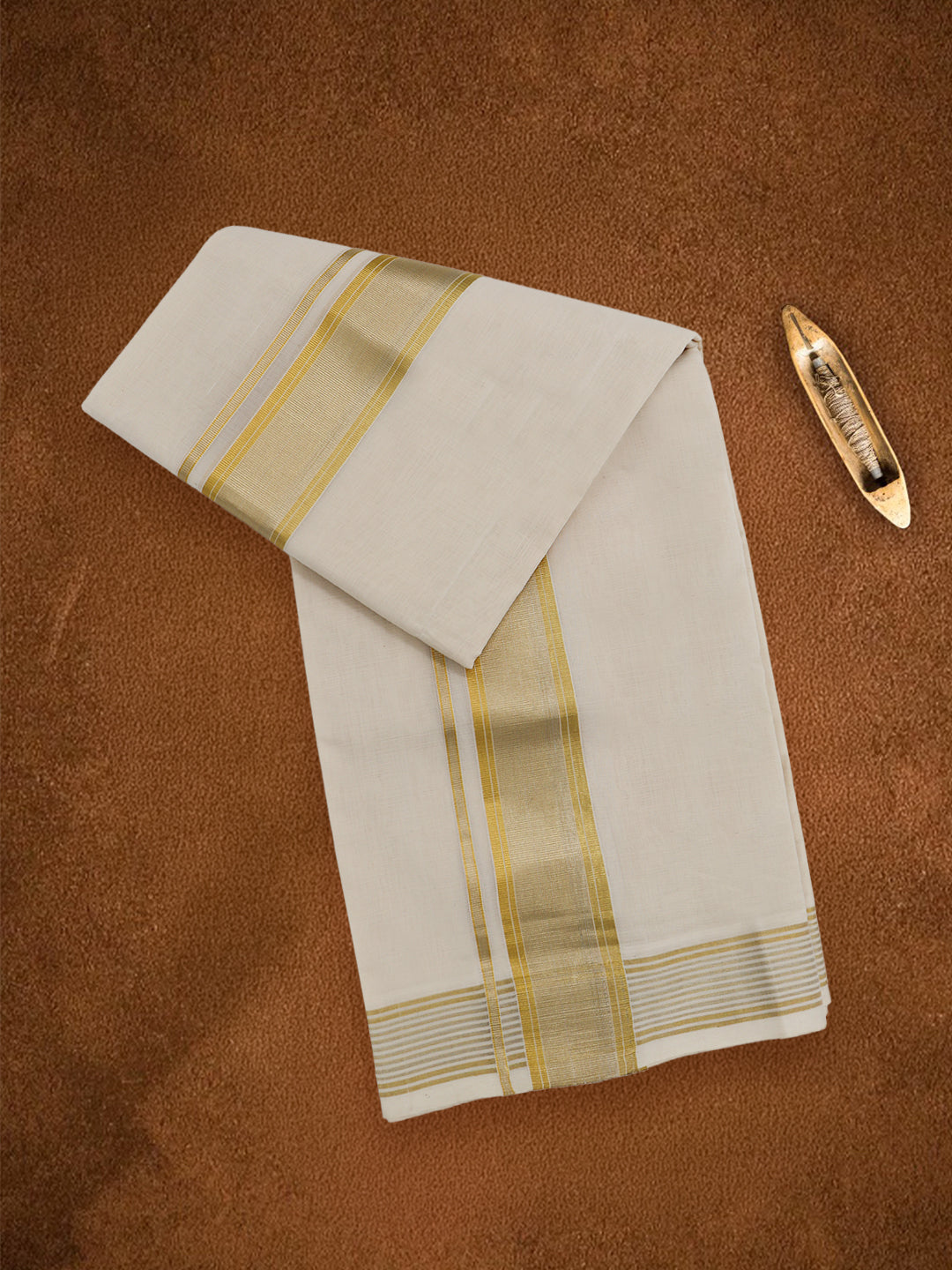 Men Premium Handloom Cream Dhoti with Gold Jari Border HLM92
