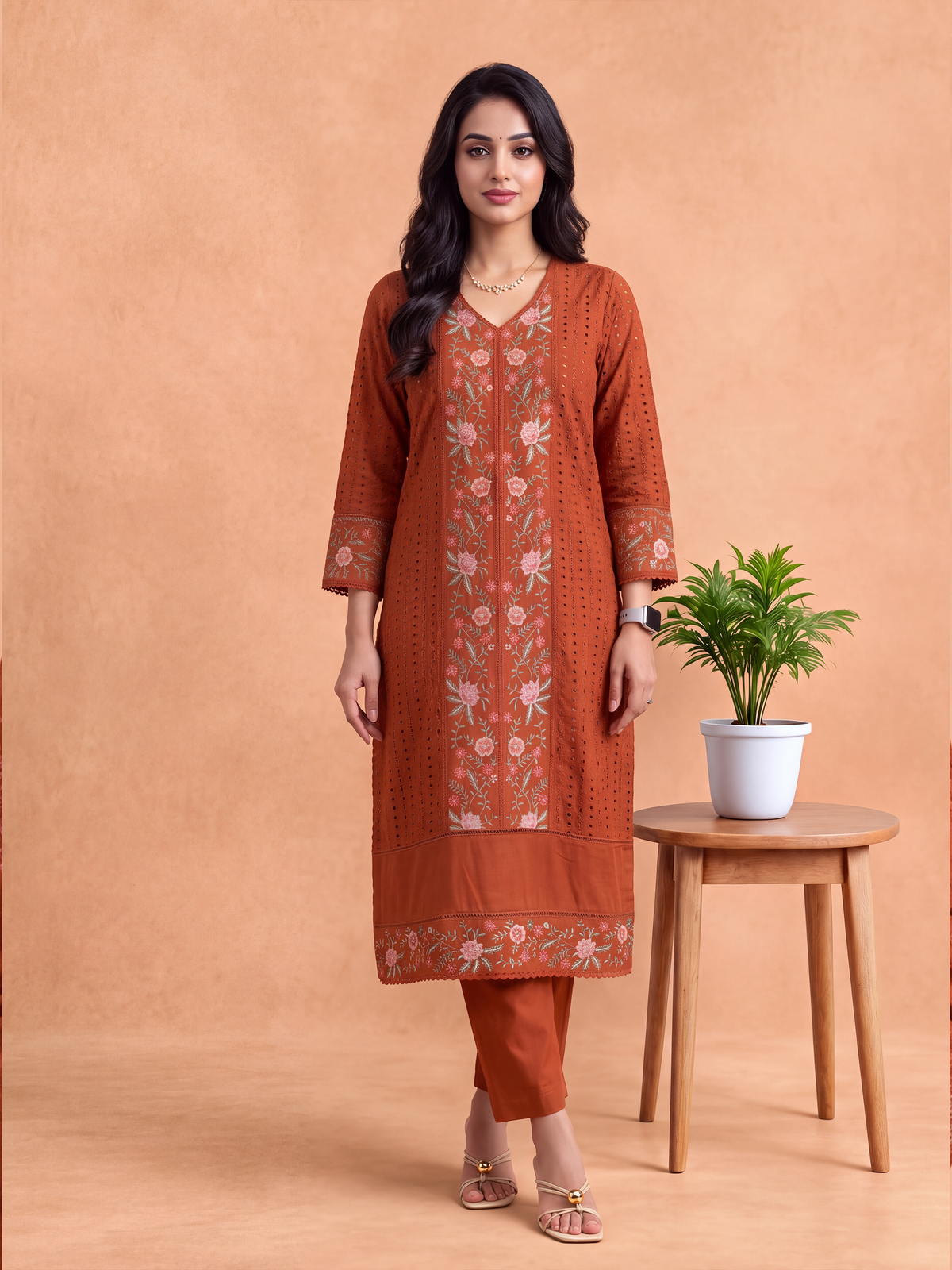 Women Embroidered Orange Kurti Set EKS154