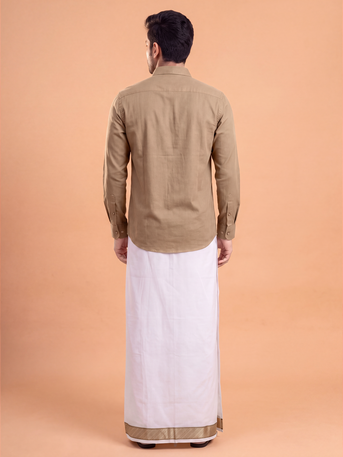 100% Cotton Brown Shirt and Colour Jari Border Dhoti Set BT1