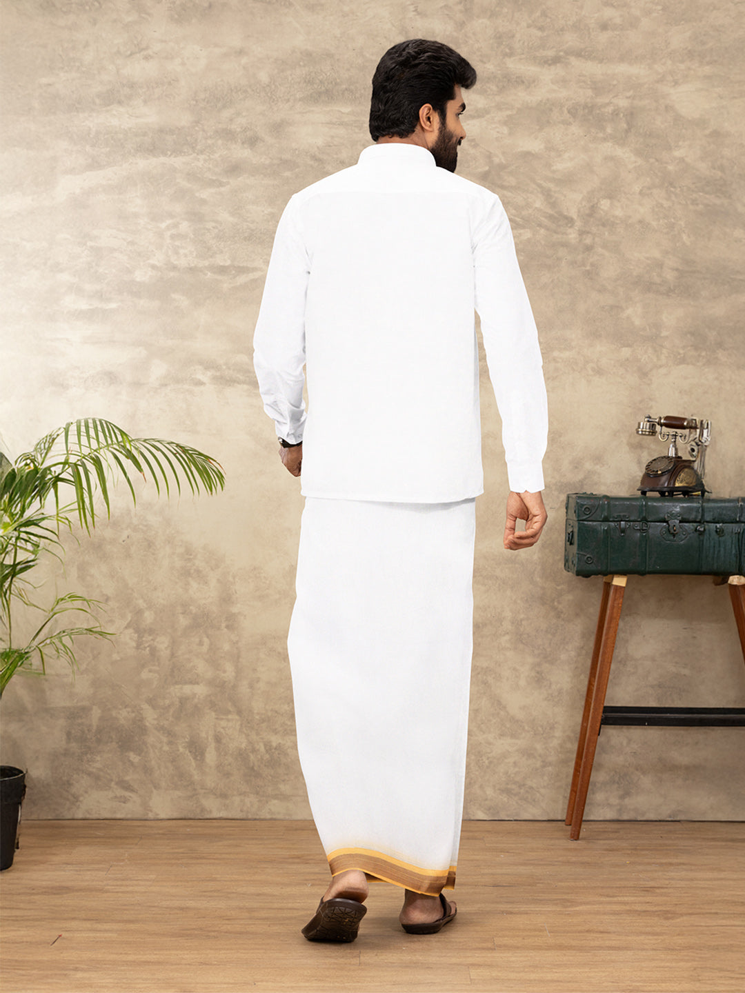 Men 100% Cotton Double Layer White Dhoti with Fancy Border RVS07