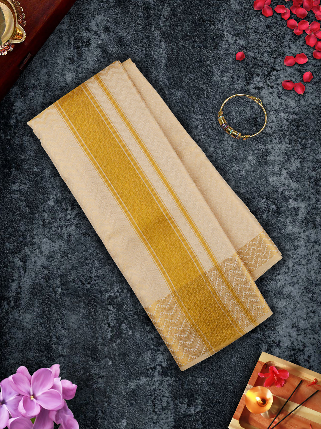 Pure Silk Embossed 5" Gold Jari Border Dhoti With Towel Thirukalyan-View two