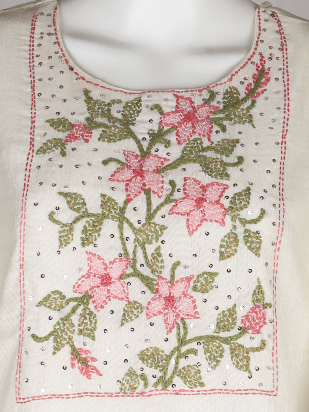 Women Silky Crush Embroidered Kurti Set Cream EKS88