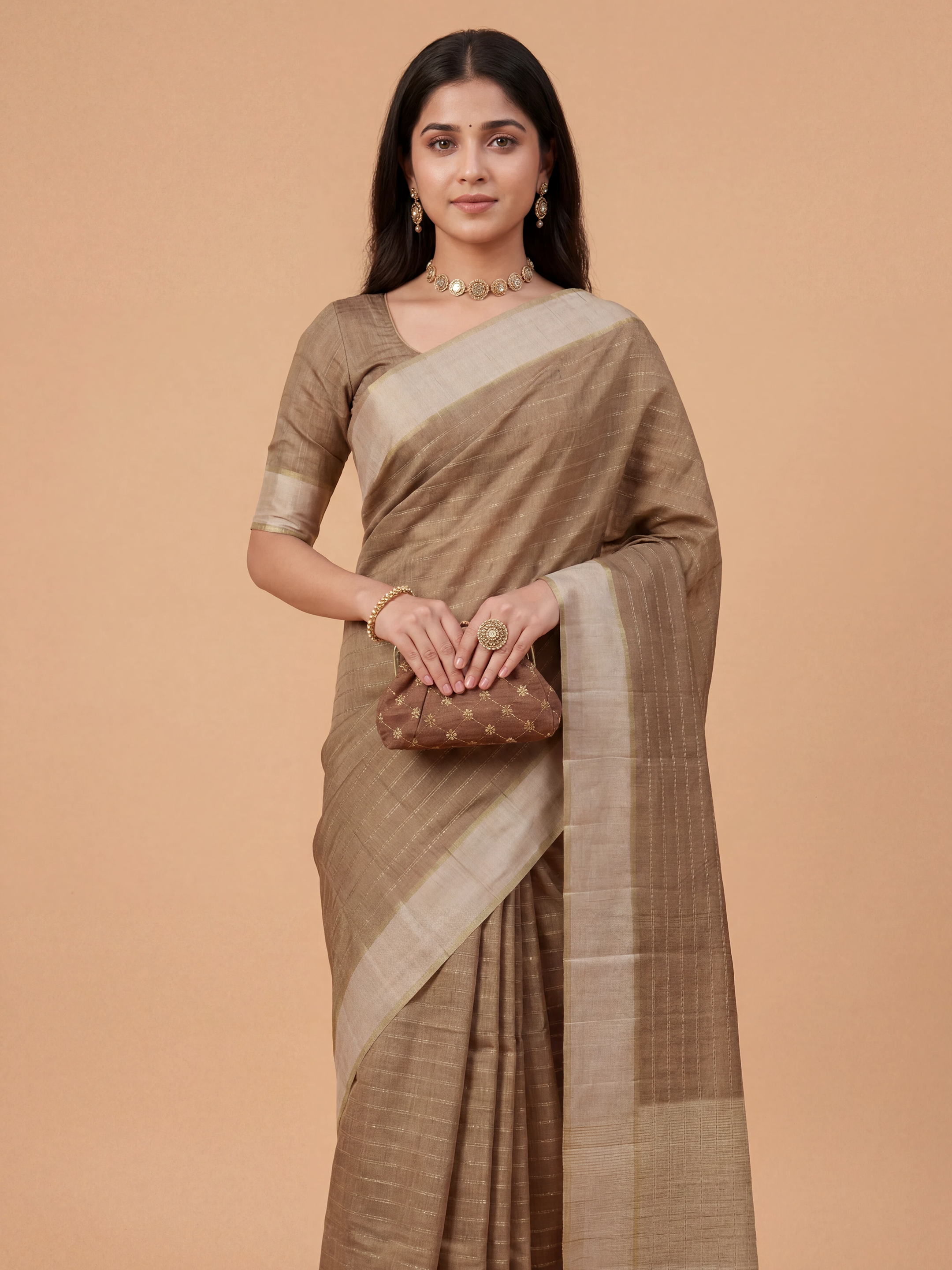 Women Semi Tussar Brown Saree ST329