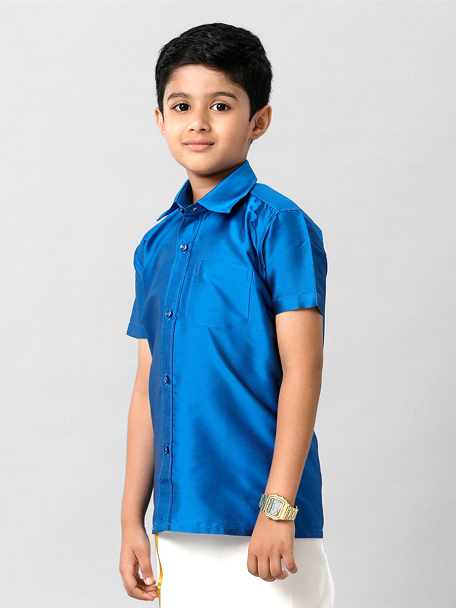 Boys Silk Cotton Royal Blue Half Sleeves Shirt K10-Side view