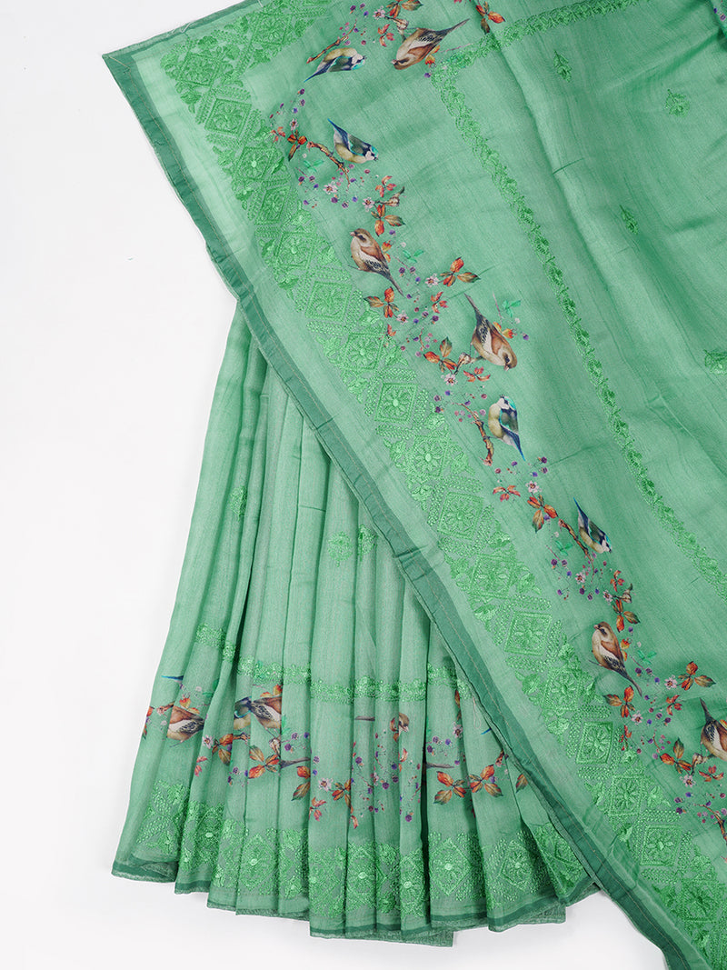 Semi Raw Silk Green Colour Printed Saree with Embroidered Border SRS14