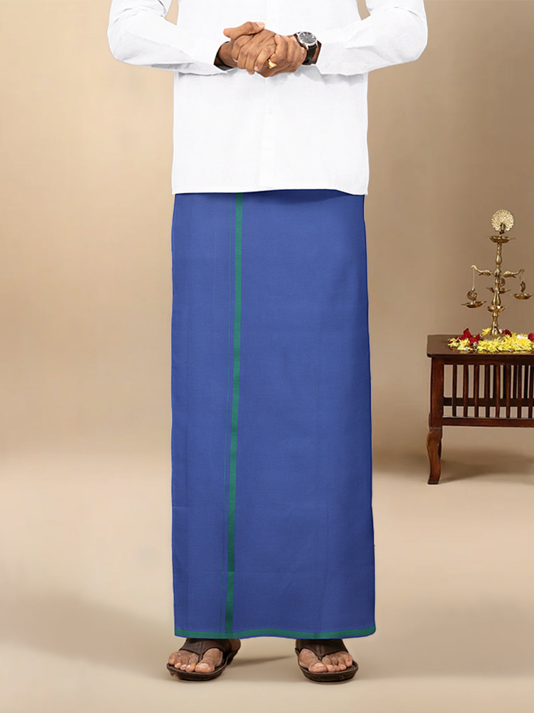 Men Cotton Blend Single Layer Blue Dhoti & Towel Set with Green Border Poojan