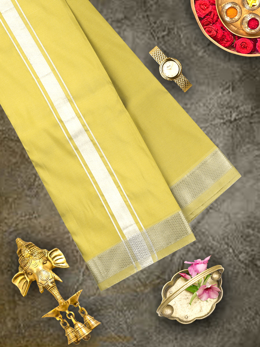Premium Silk Mixed Gold Shirting with 1 1/2" Silver Jari Border Dhoti Vivaga Chiranjeeve-View two