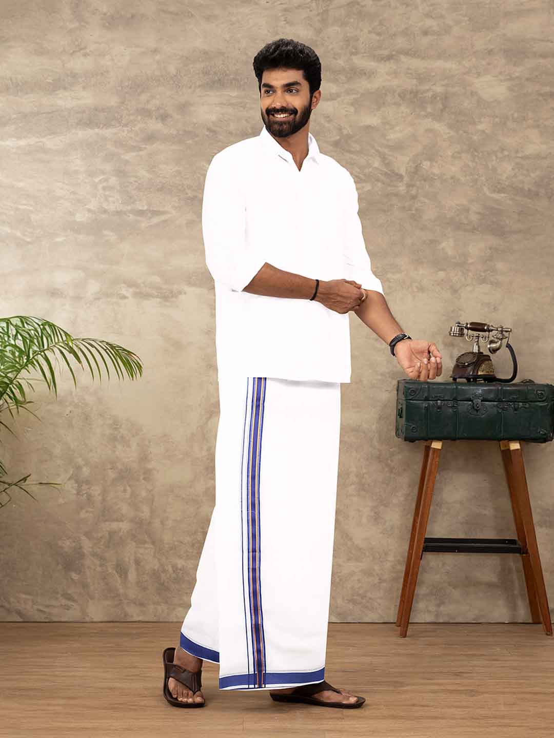 Men Cotton Blend Double Layer White Dhoti with Fancy Jari Border VGF02