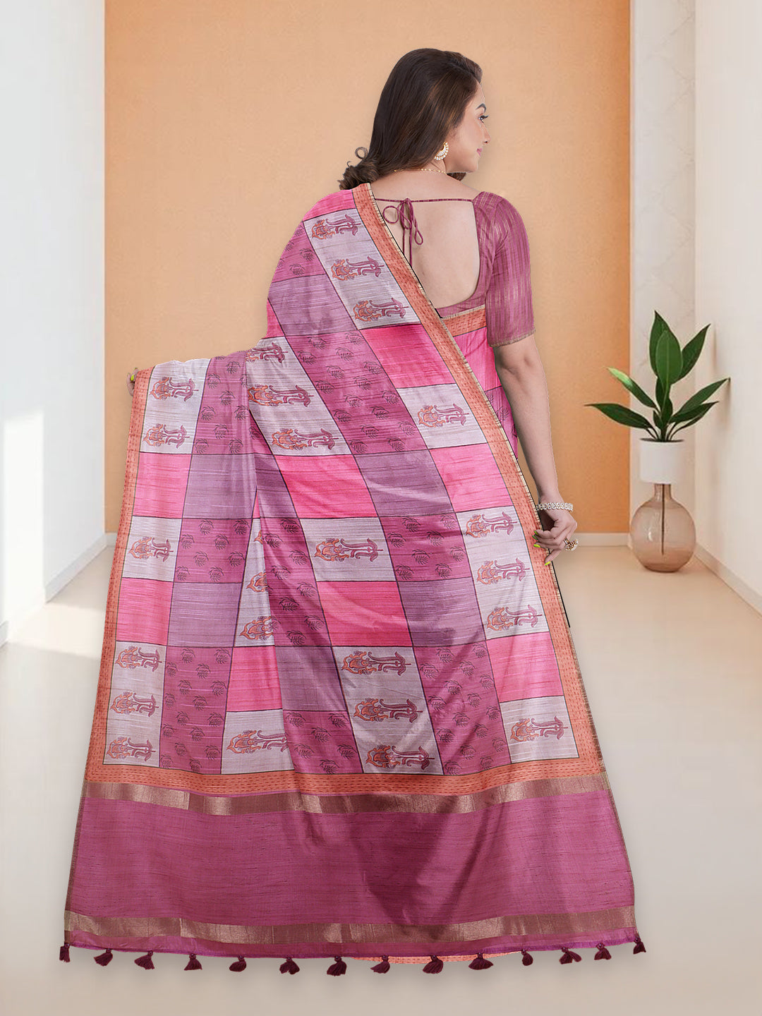 Women Pink Semi Tussar Printed Saree ST295