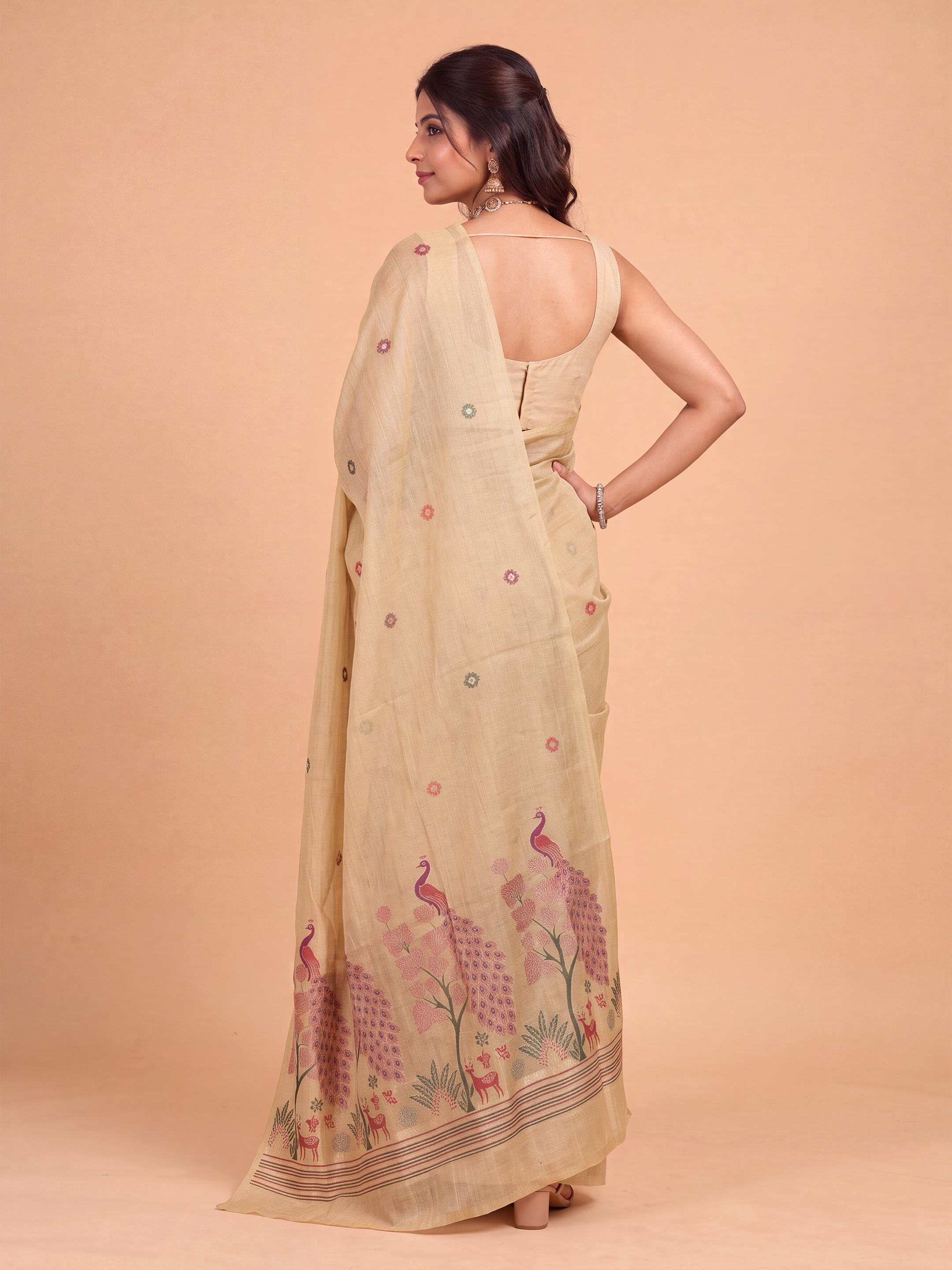 Women Light Brown Spun Poly Printed Saree SP09