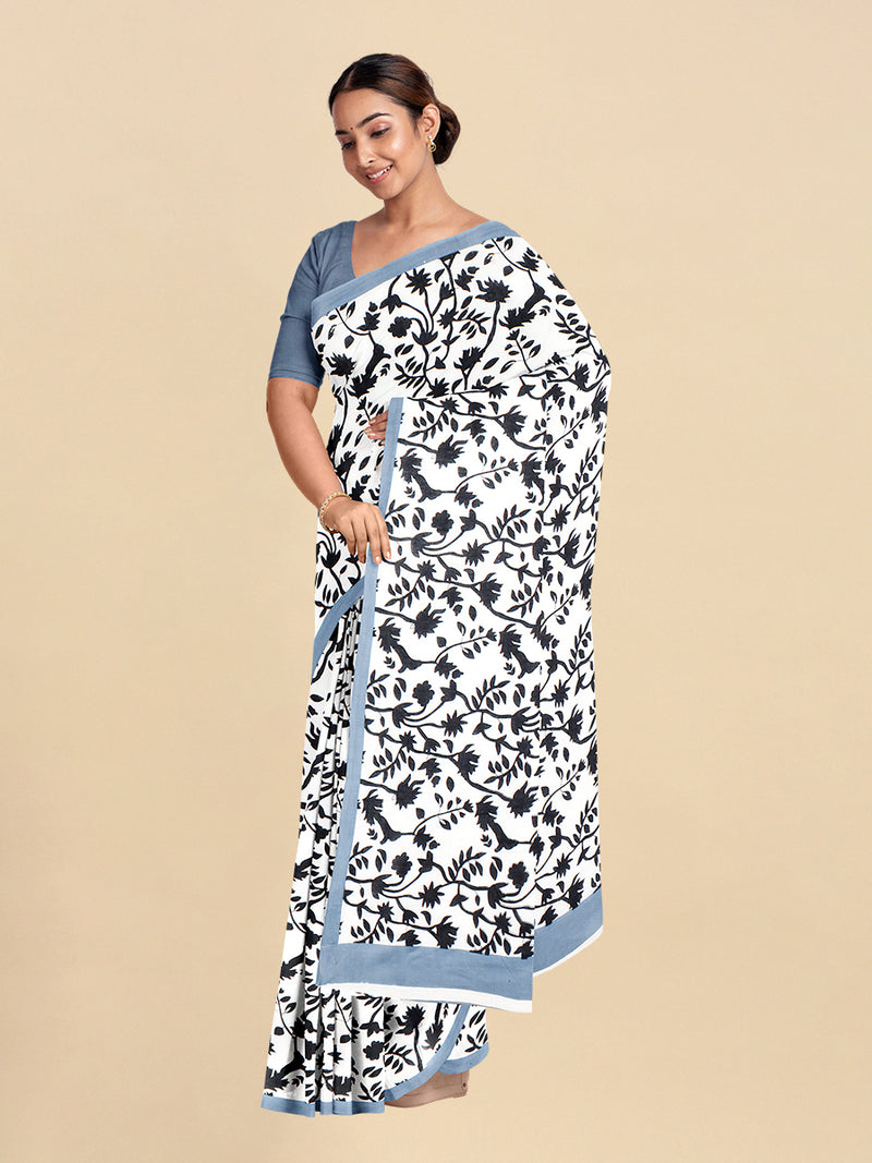 Womens White & Black Leaf Design Printed Pure Cotton Saree PCS45