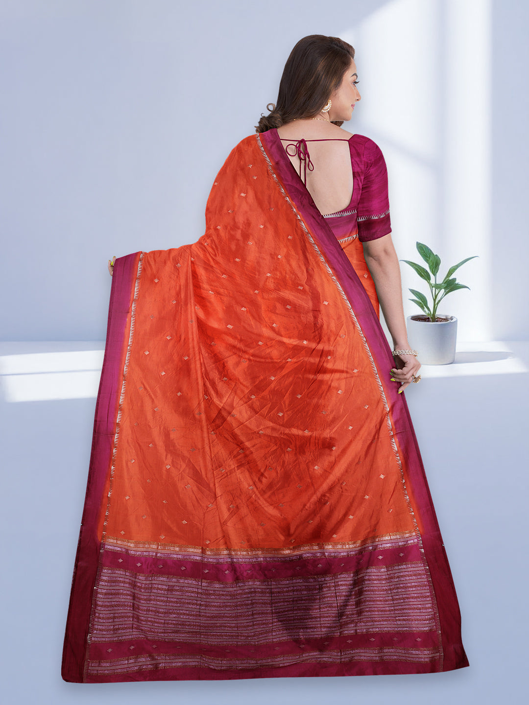 Women Orange Stripes Design Tissue Saree TS51