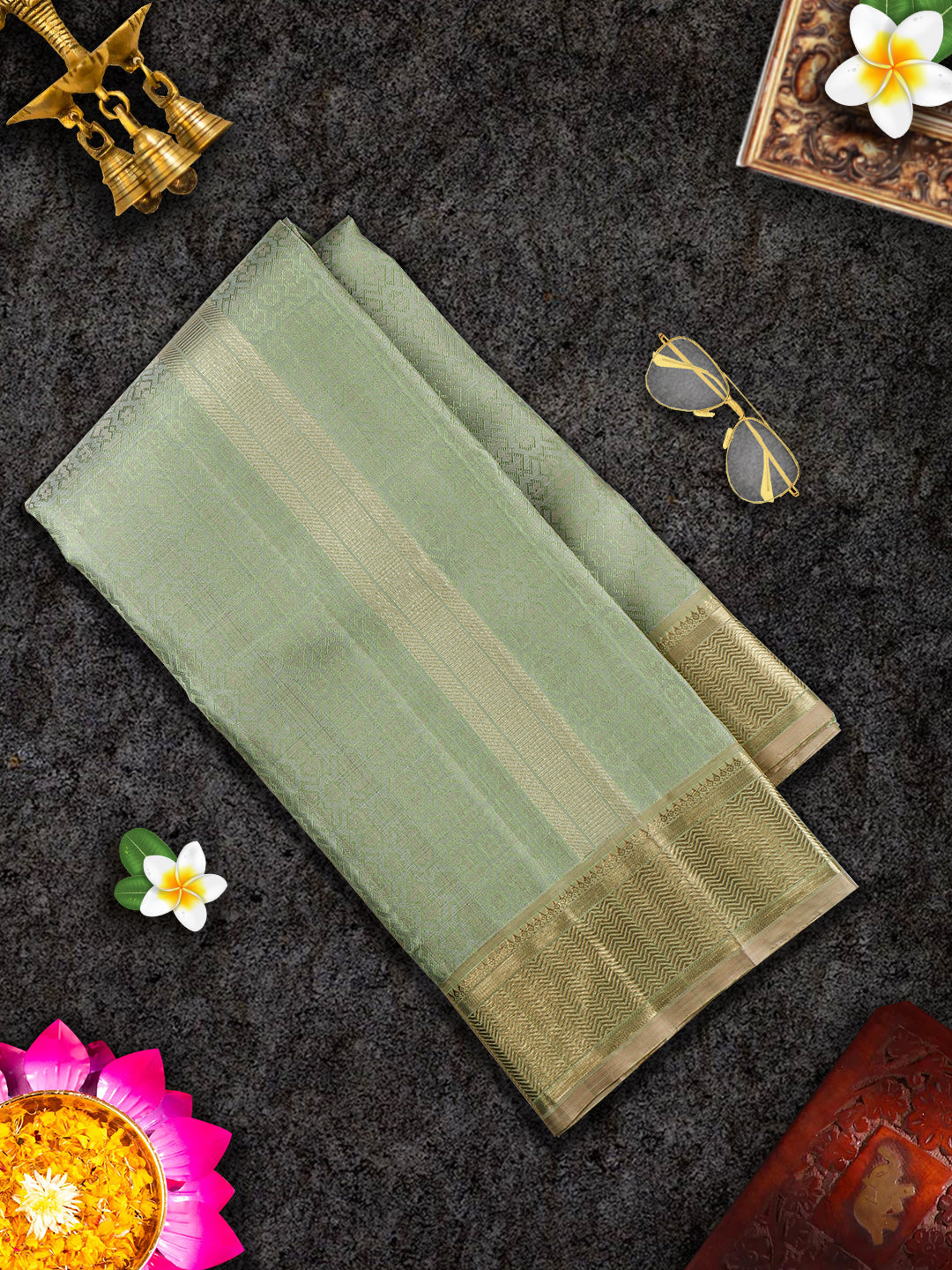Mens Pure Silk Green 4" Fawn Gold Jari Border Dhoti With Towel Amirtham-view two