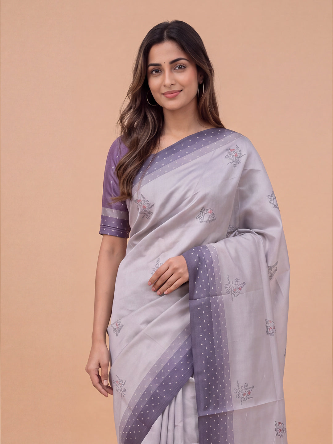 Women Semi Linen Violet Embroidered Saree SL266