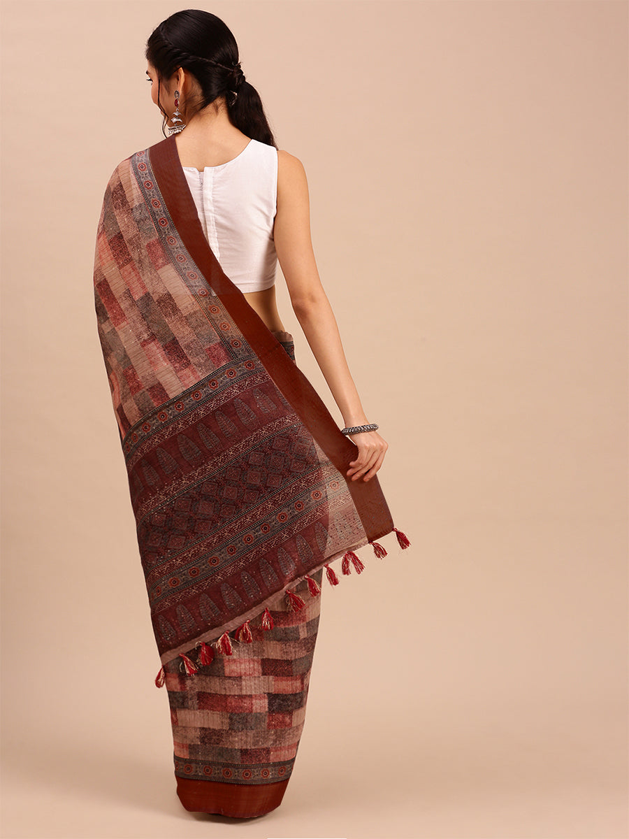 Womens Green with Brown Semi Tussar Printed Saree STP07-Back view