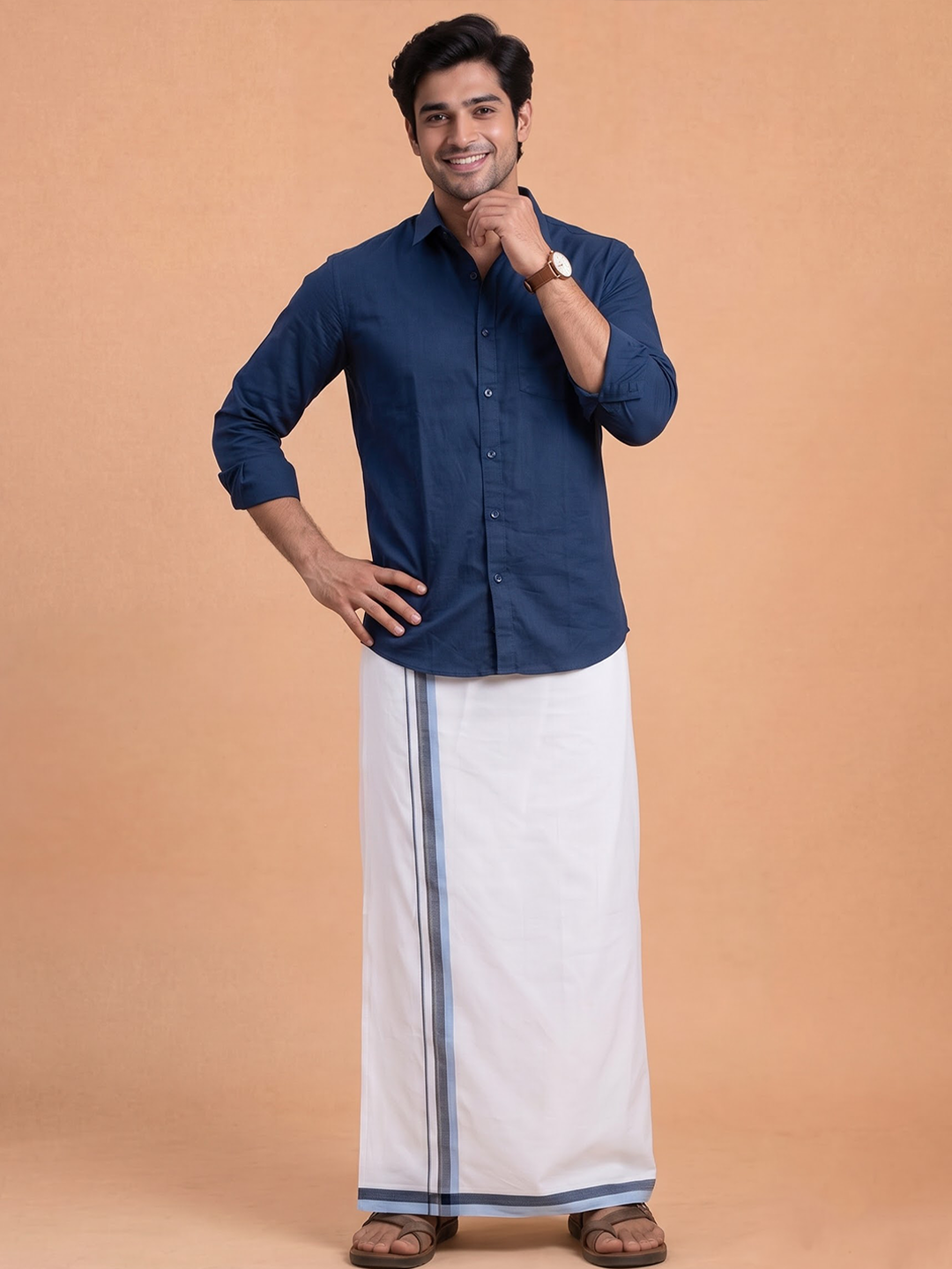 Double Layer 100% Cotton White Dhoti With Colour Jari Border - EJF27