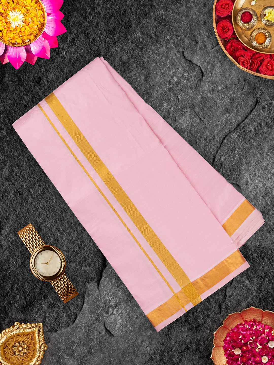 Premium Pure Silk Pink Dhoti With Angavastram 1" Gold Jari Border Thirukalyan-View two
