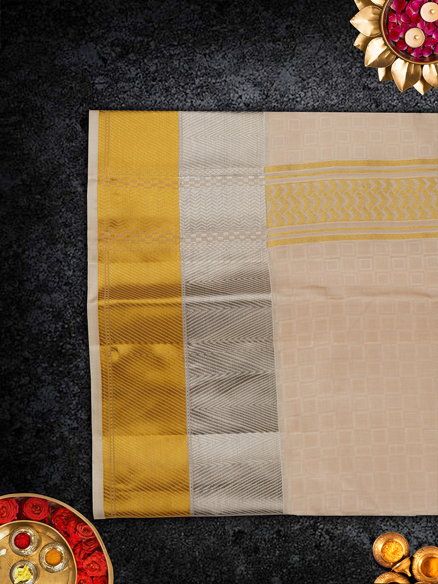 Pure Silk Dark Cream 3" Gold & Siver Jari Border Dhoti With Towel Thirukalyan-view two