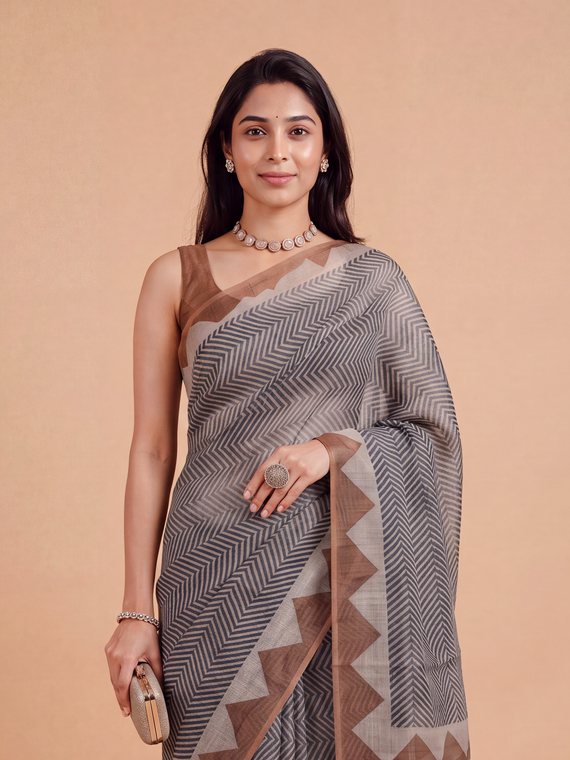 Women Linen Printed Green with Brown Saree SL257