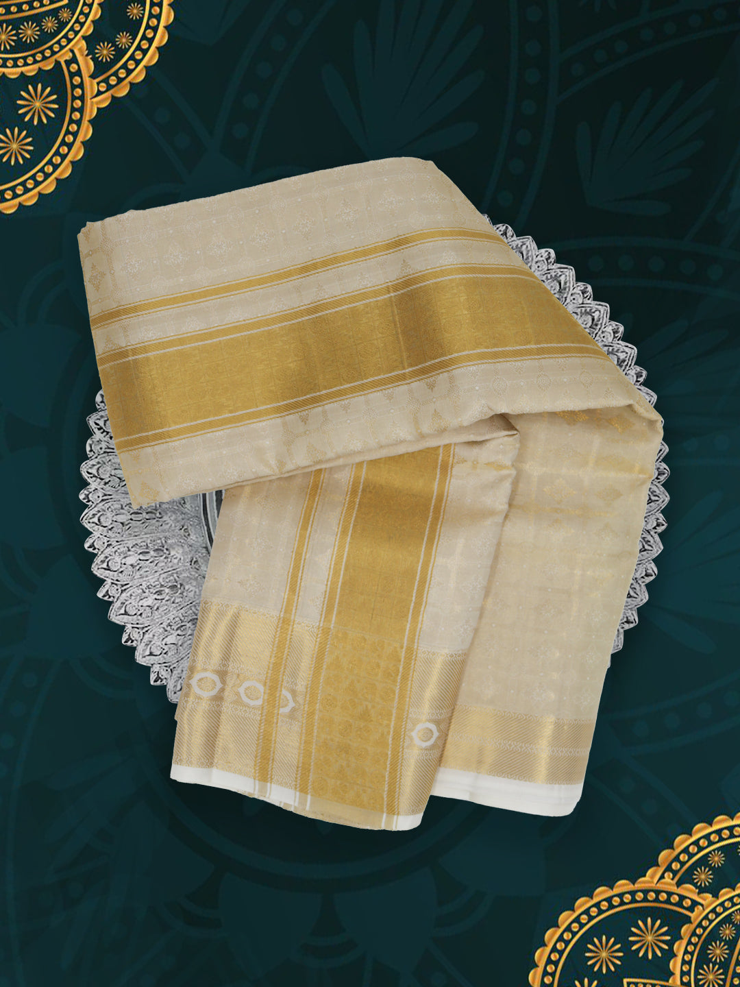 Men Pure Silk Tissue Embossed Golden Dhoti and Towel Set with 5" inch Jari Border Thirukalyan
