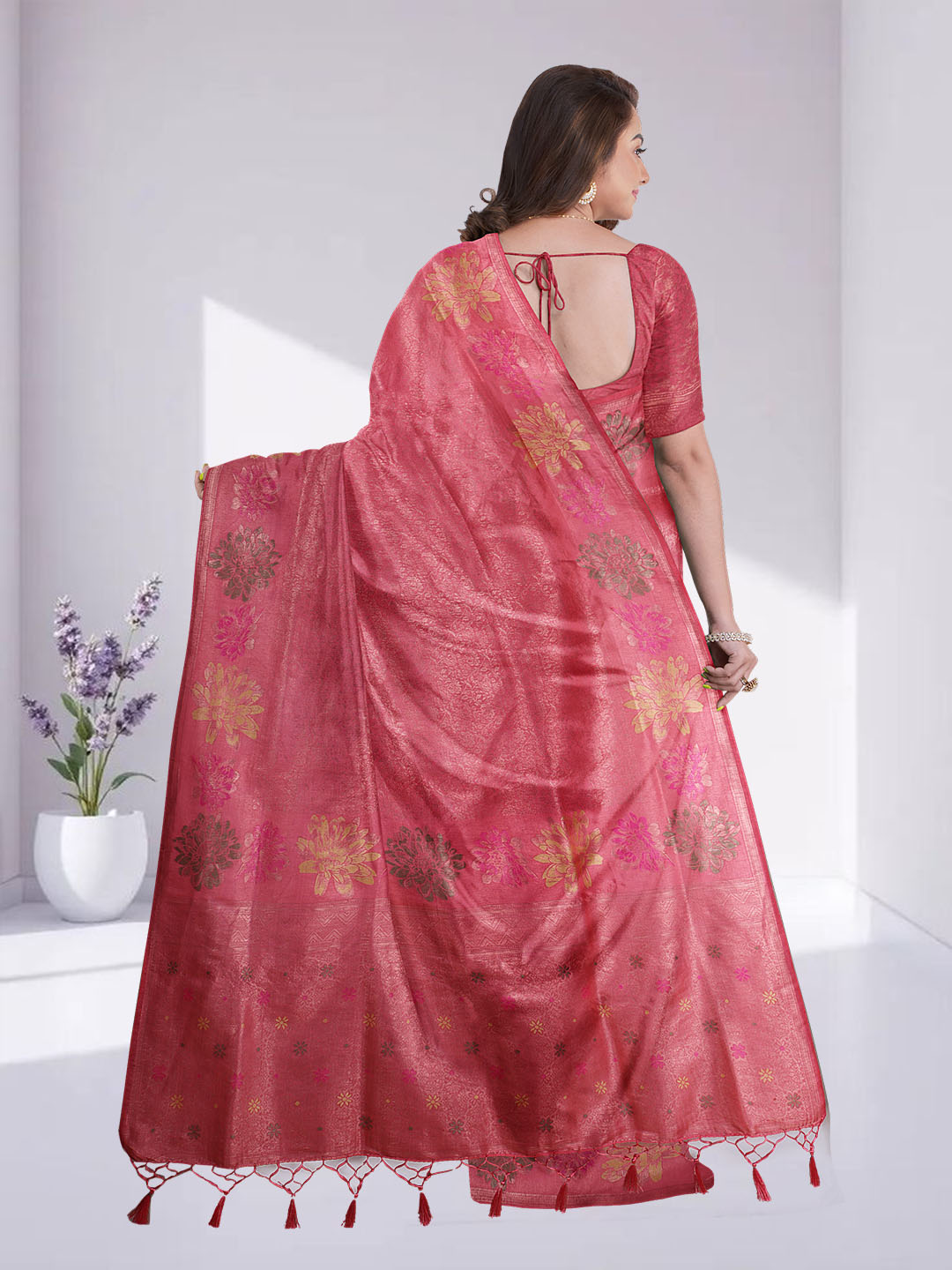 Women Coral Pink Semi Mysore Silk Saree SS373
