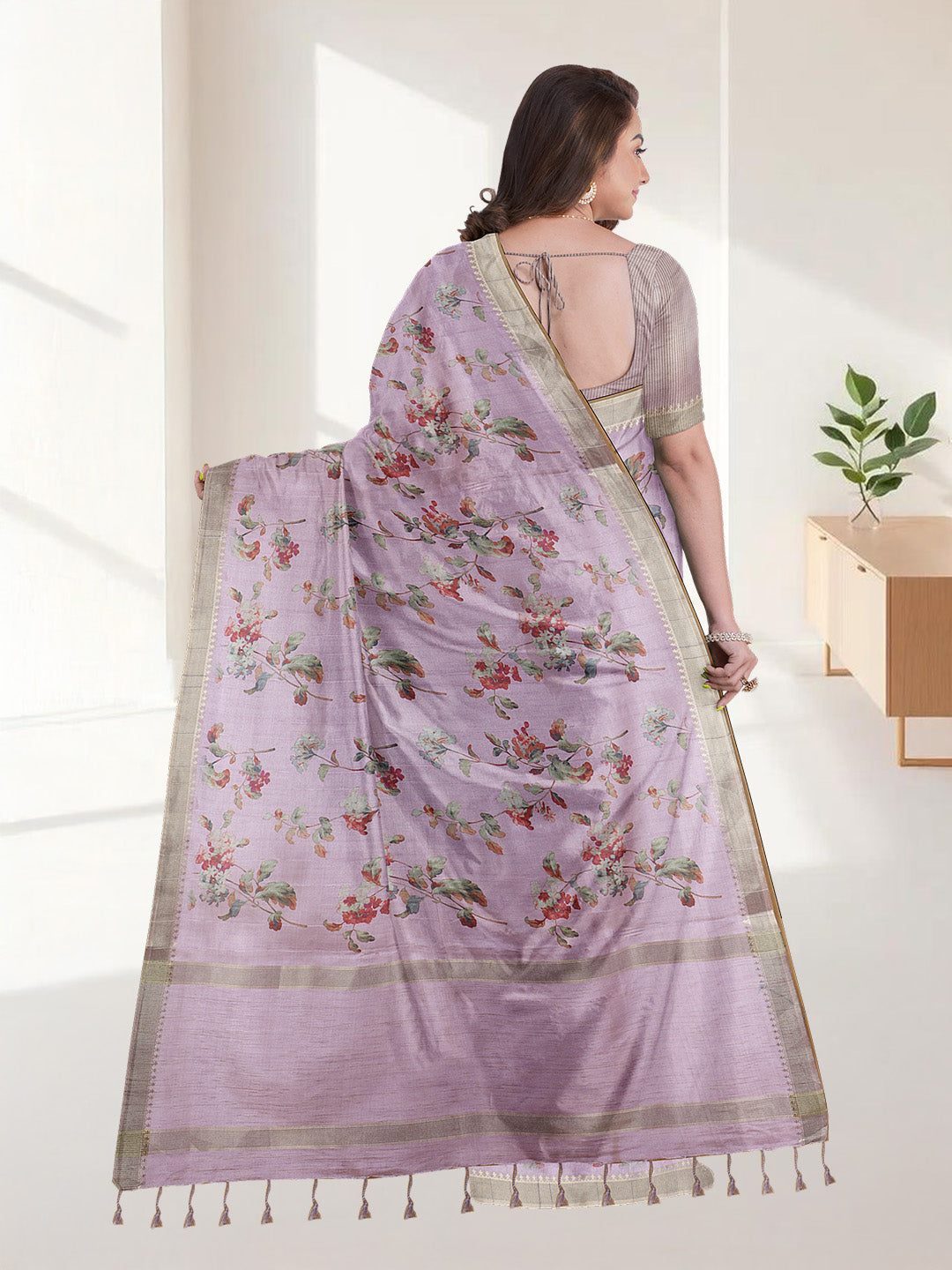 Women Light Purple Semi Raw Silk Printed Saree SRS105