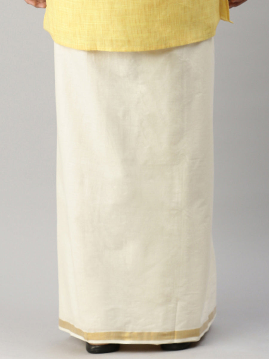Mens 100% Cotton Cream Double Dhoti with 1" gold Jari Border Woven Gold-Back view