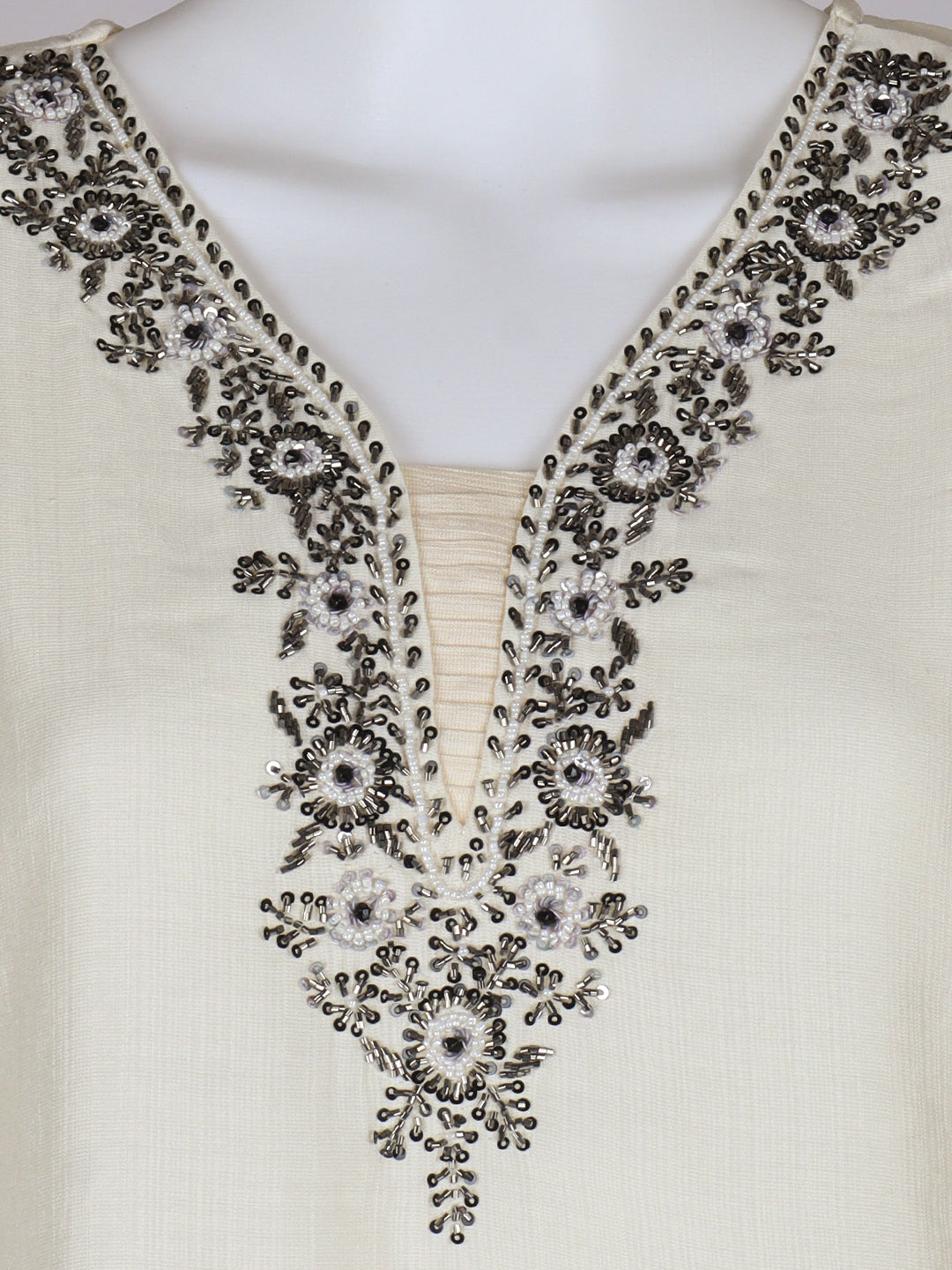Women Silky Crush Embroidered Kurti Set Off White EKS91