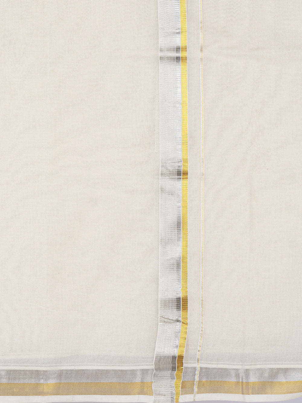 Men Kora Cotton Double Layer Dhoti with Gold & Silver Jari Border GC