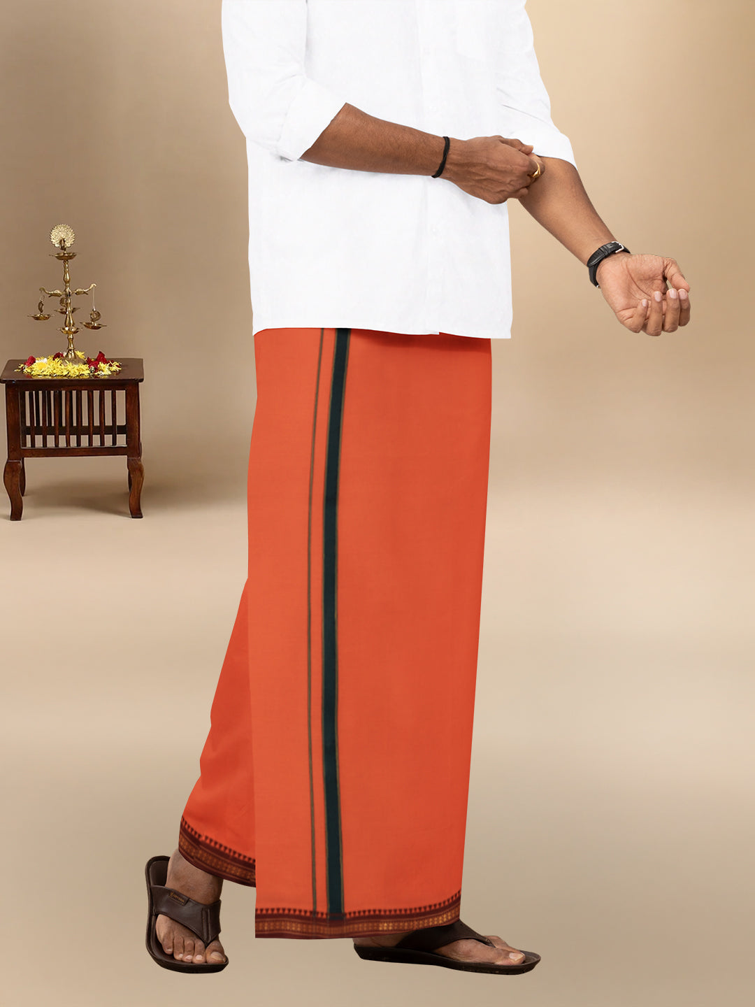 Men 100% Cotton Single Layer Orange Dhoti with Mayilkhan Border Slokam (4 Way Dhoti )