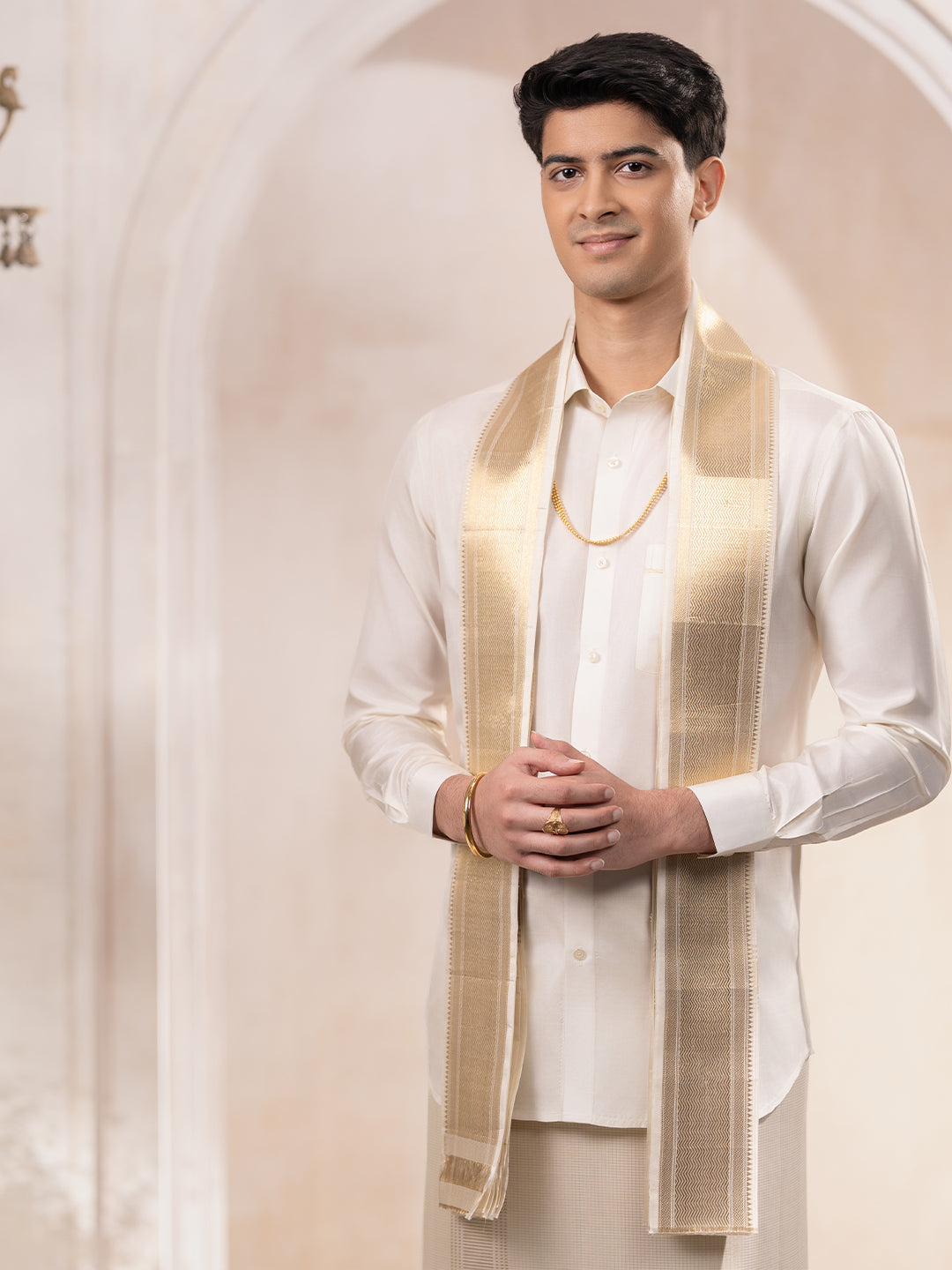 Pure Silk Vairaoosi Weaving Wedding Dhoti & Towel Set with 3" Jari Border – Virutcham