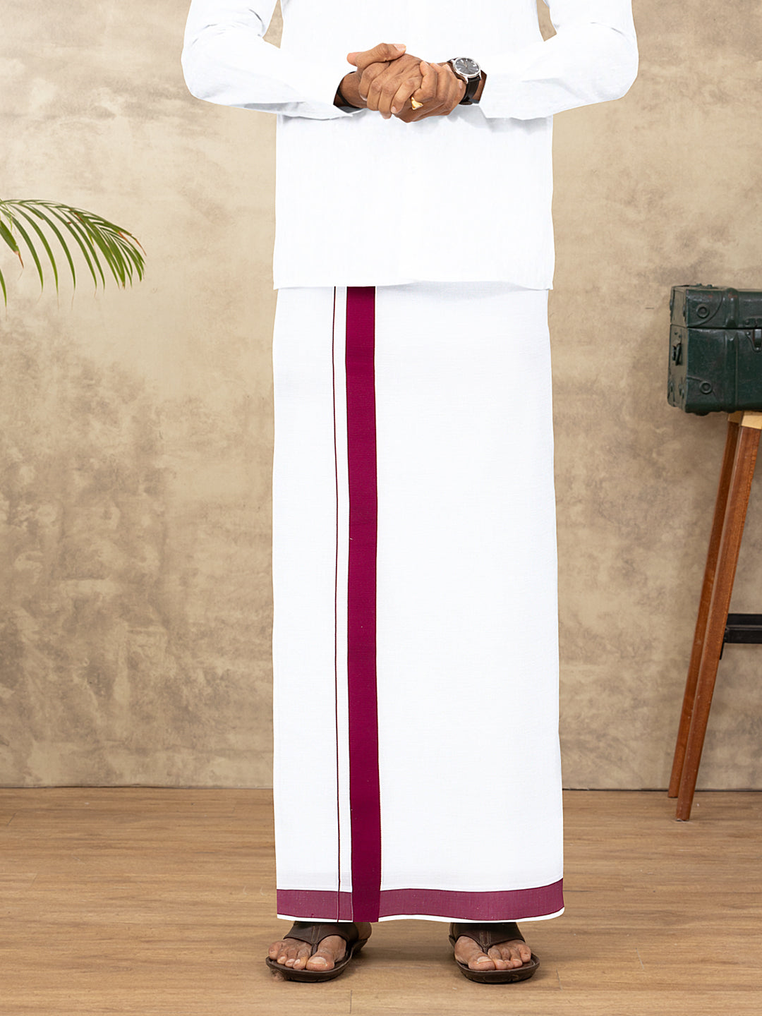 Men Cotton Blend Single Layer White Dhoti with Big Border WS26