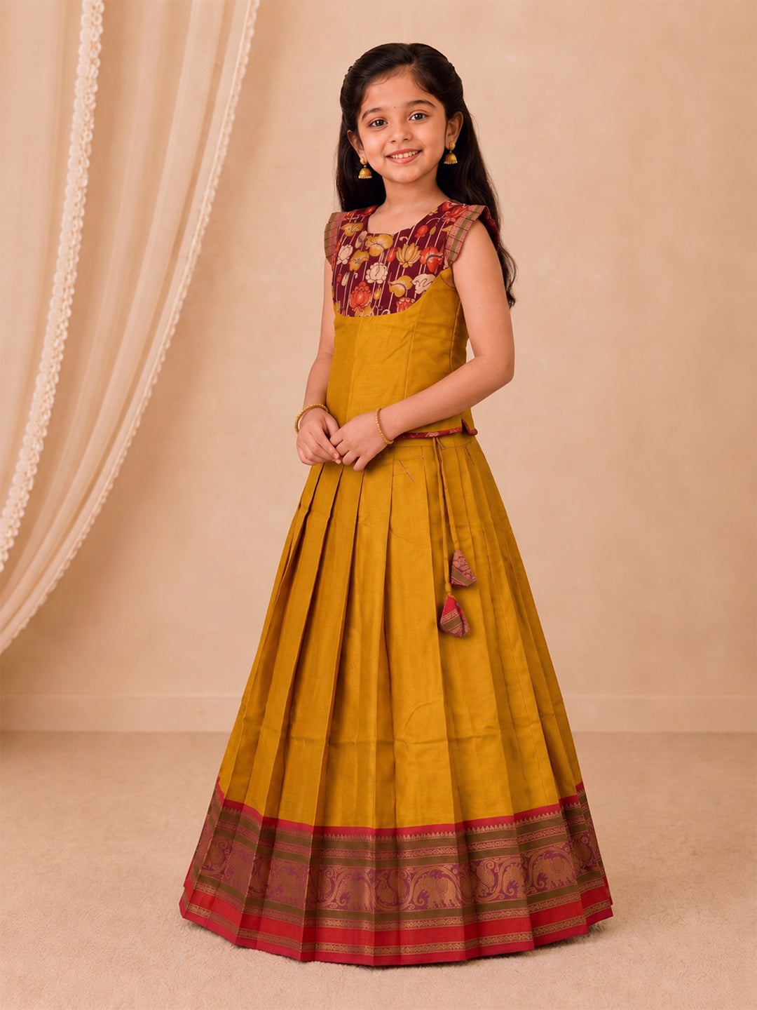 Girls Cotton Mustard Pattu Pavadai Set GPS53