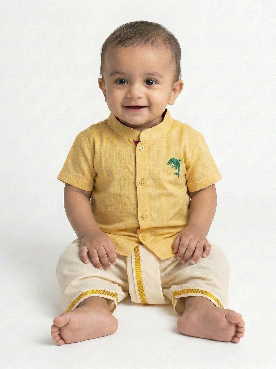 Born Baby Traditional Shirt with Dhoti and Panchakacham Set Yellow