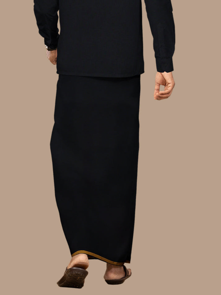 Men Cotton Blend Single Layer Black Dhoti & Towel Set with Yellow Border Poojan