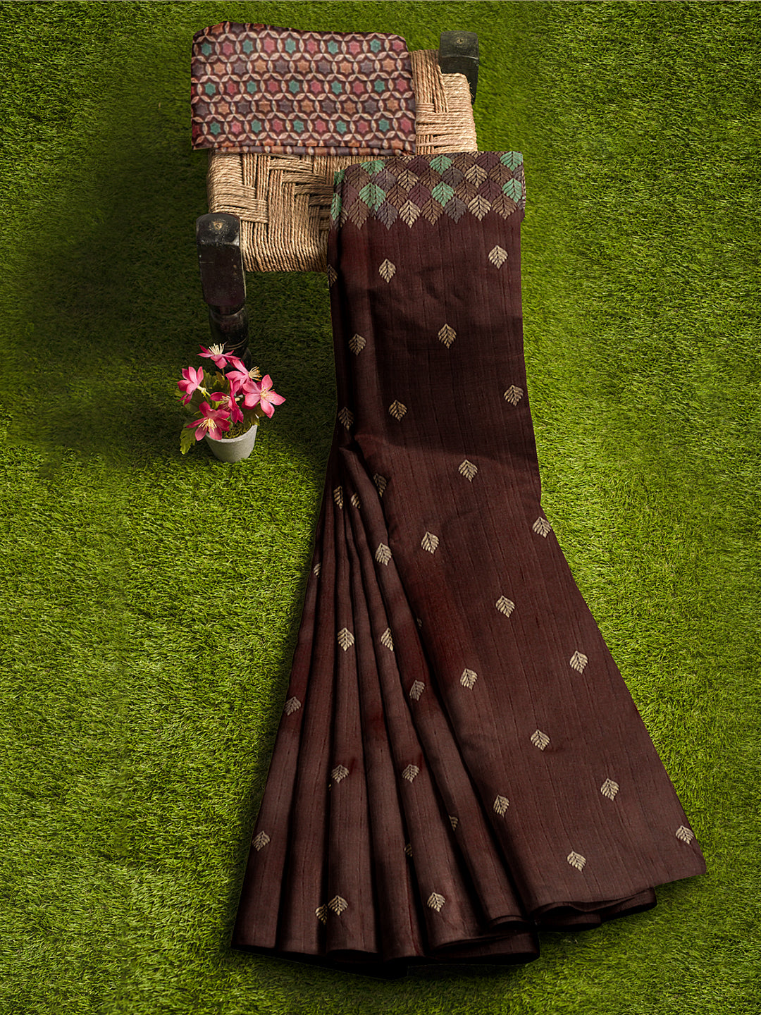 Women Brown Semi Tussar Printed Saree ST256