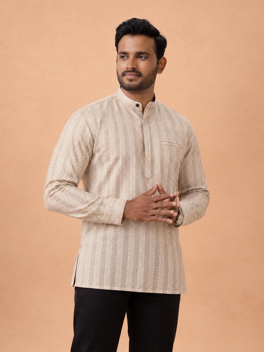 Cotton Short Length Self Design Pocket Kurta Sandal RJ37