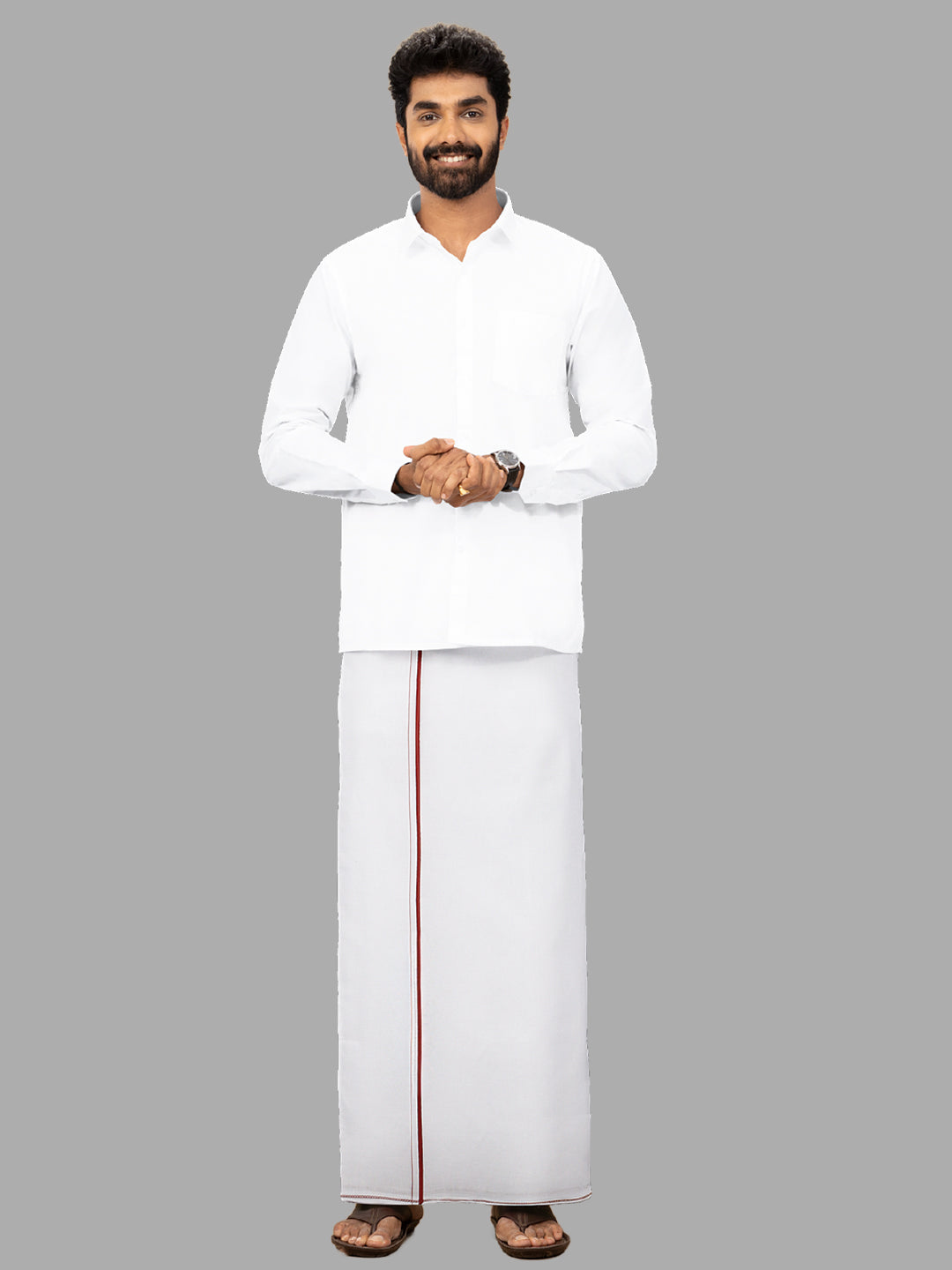 Men Formal White Shirt with Small Border Single Layer Dhoti Combo