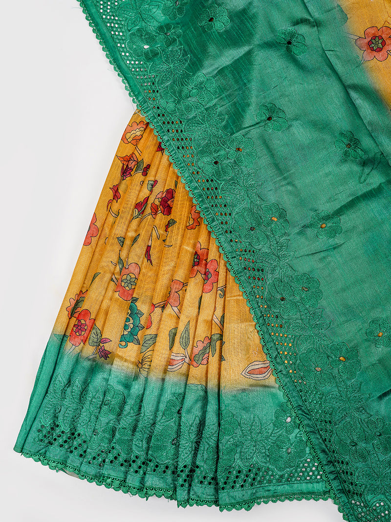 Semi Raw Silk Yellow & Green Colour Printed Saree with Embroidered Border SRS18