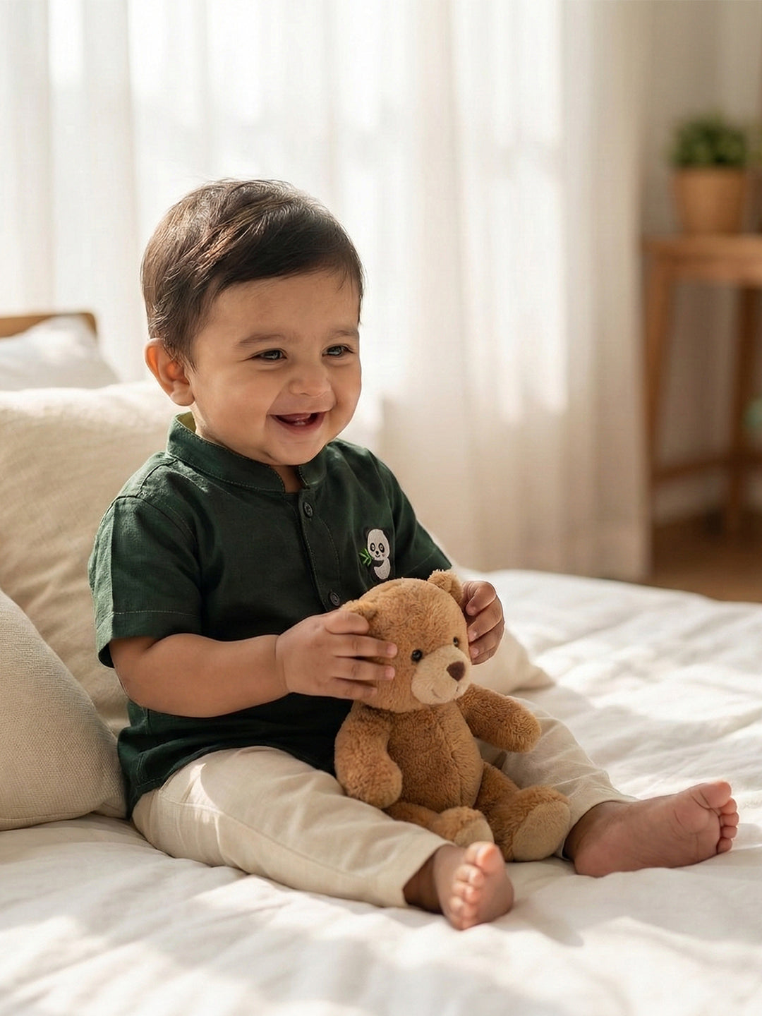 Born Baby Shirt with Pant and Panchakacham Set Dark Green G69