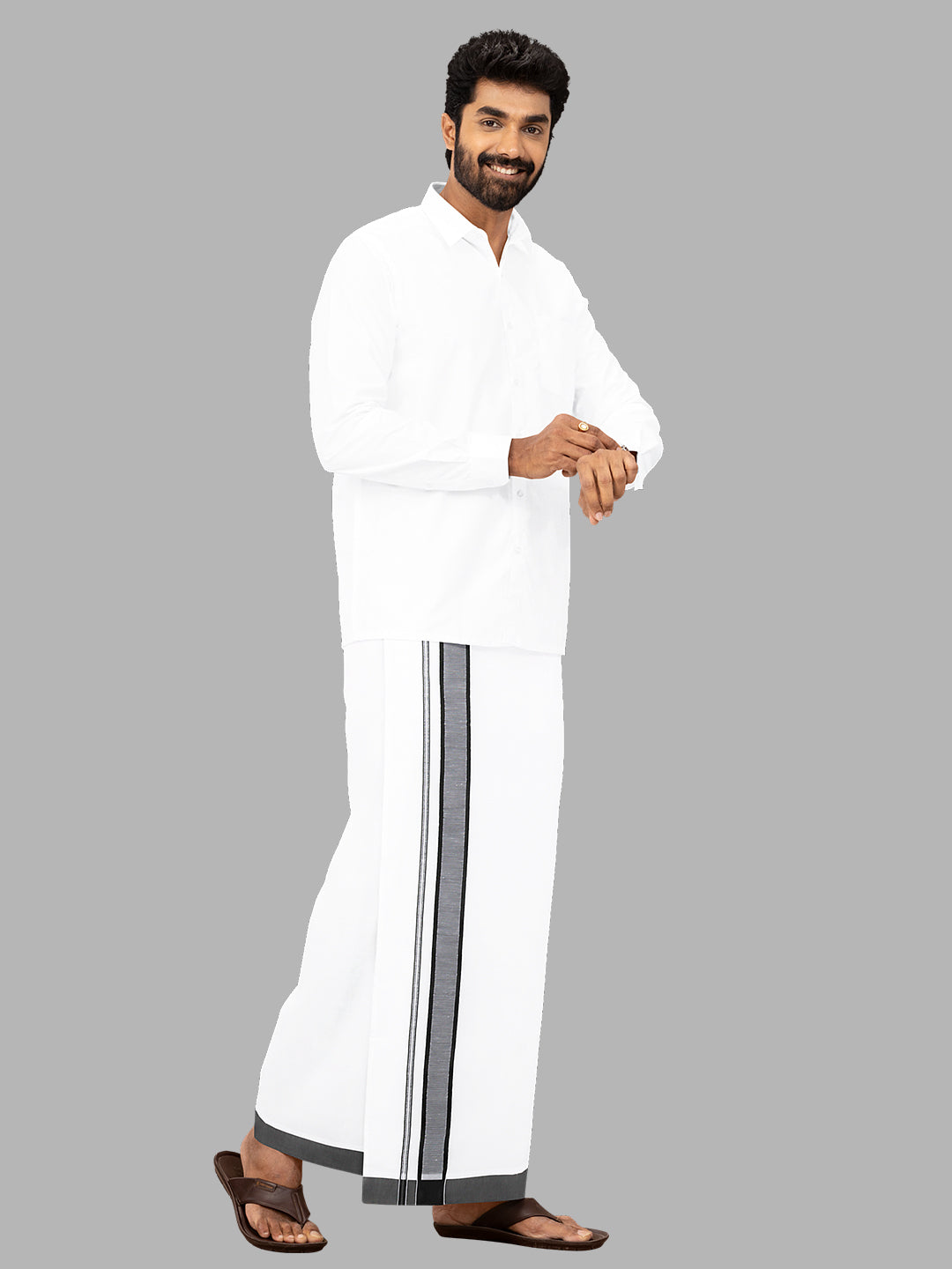 Men Black Fancy Border Single Layer White Dhoti Winner Plain