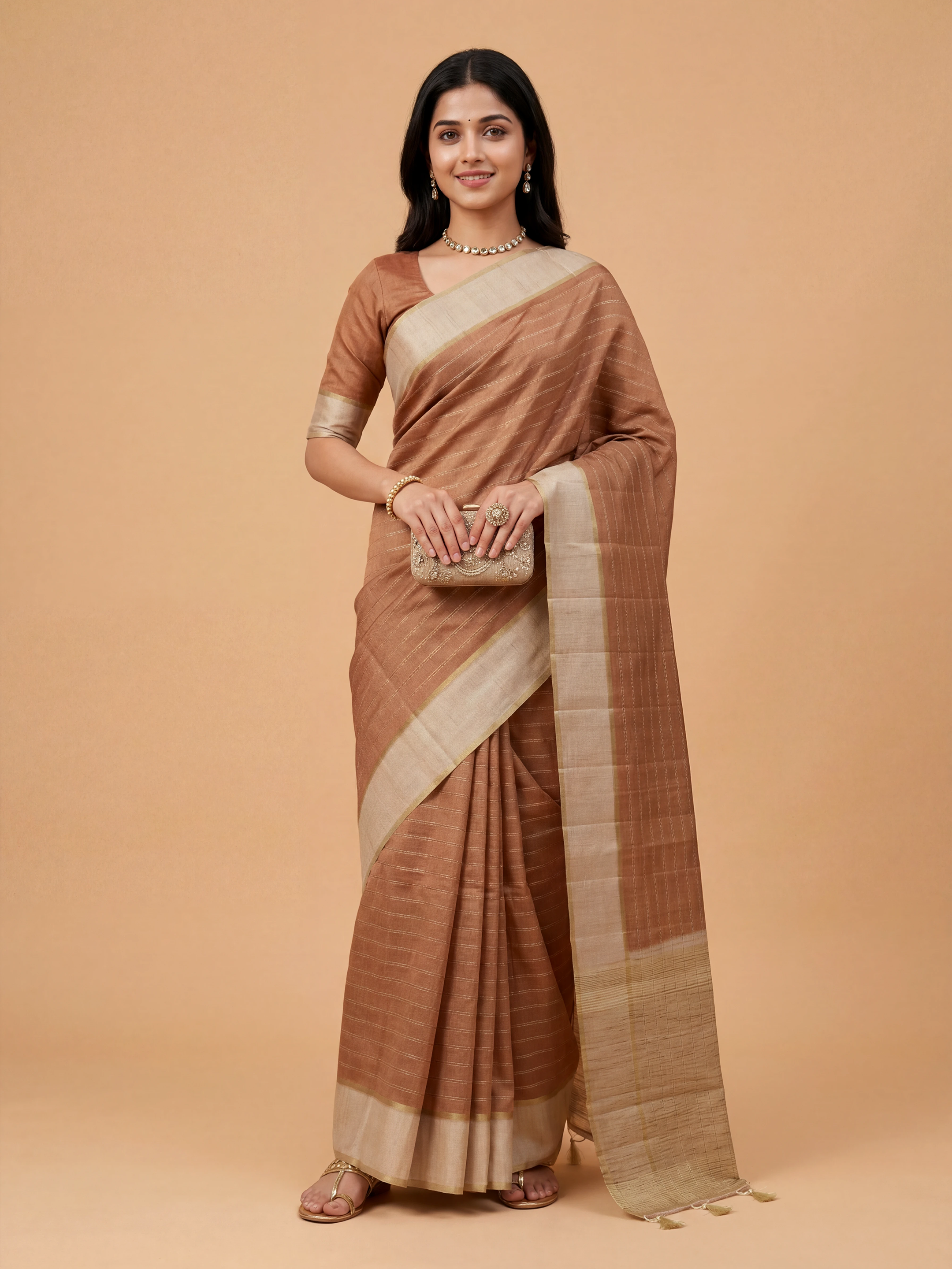 Women Semi Tussar Brown Saree ST330