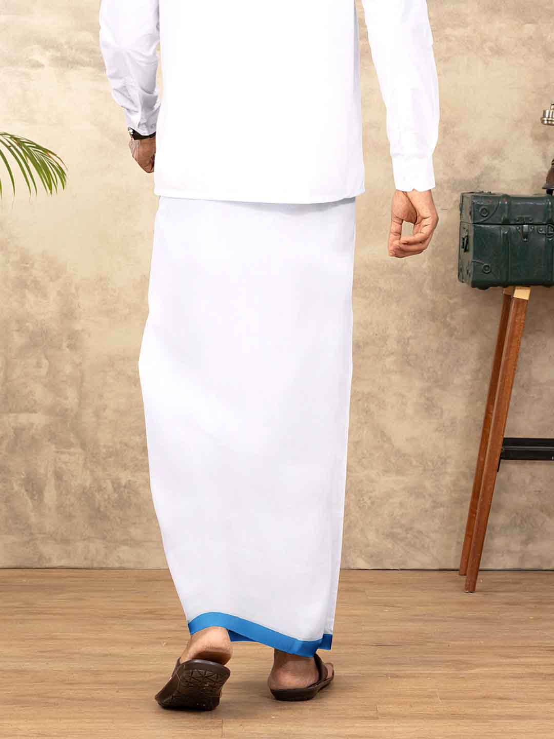 Men Cotton Blend Double Layer White Dhoti with Fancy Jari Border TGJF01