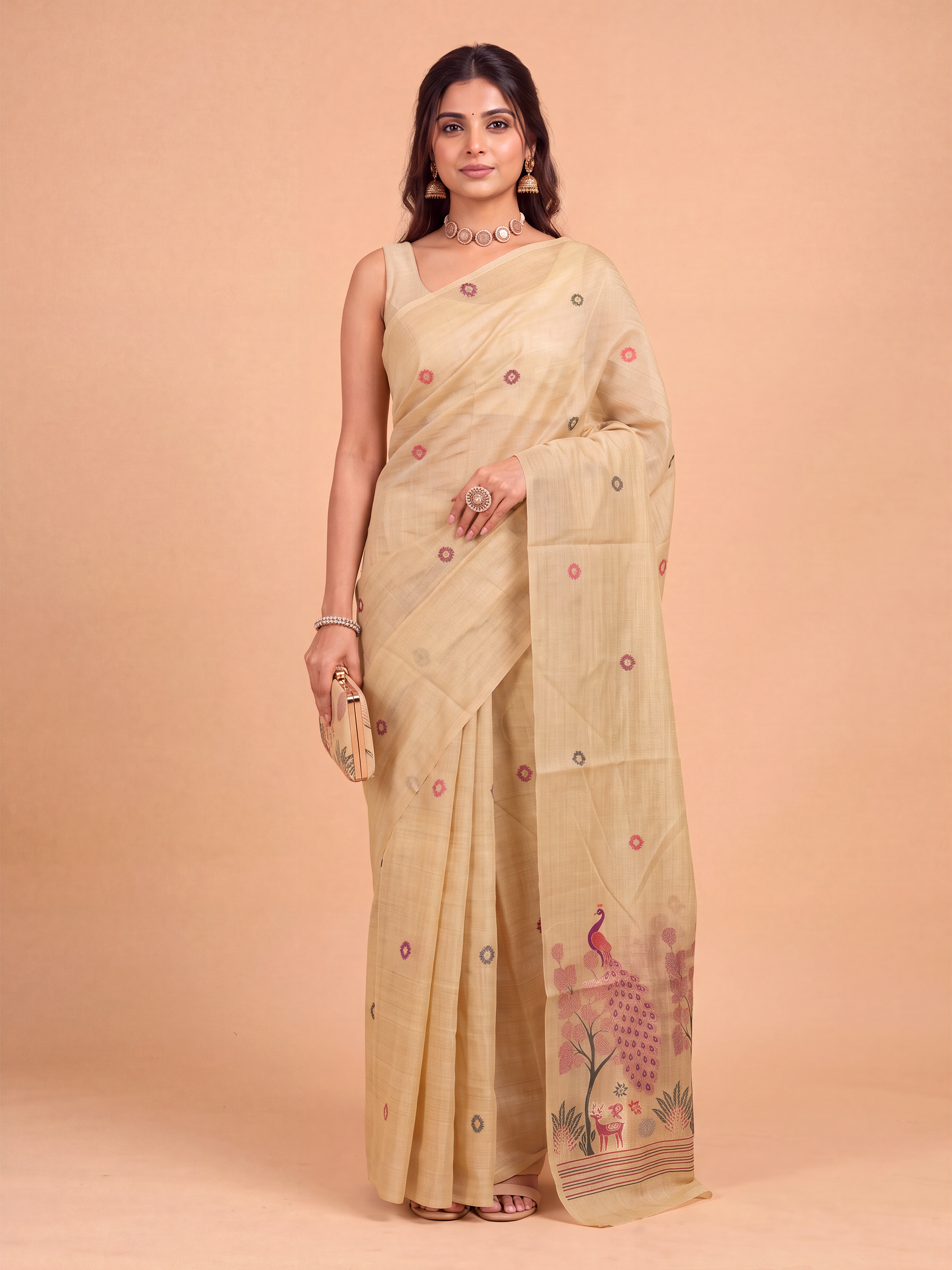 Women Light Brown Spun Poly Printed Saree SP09
