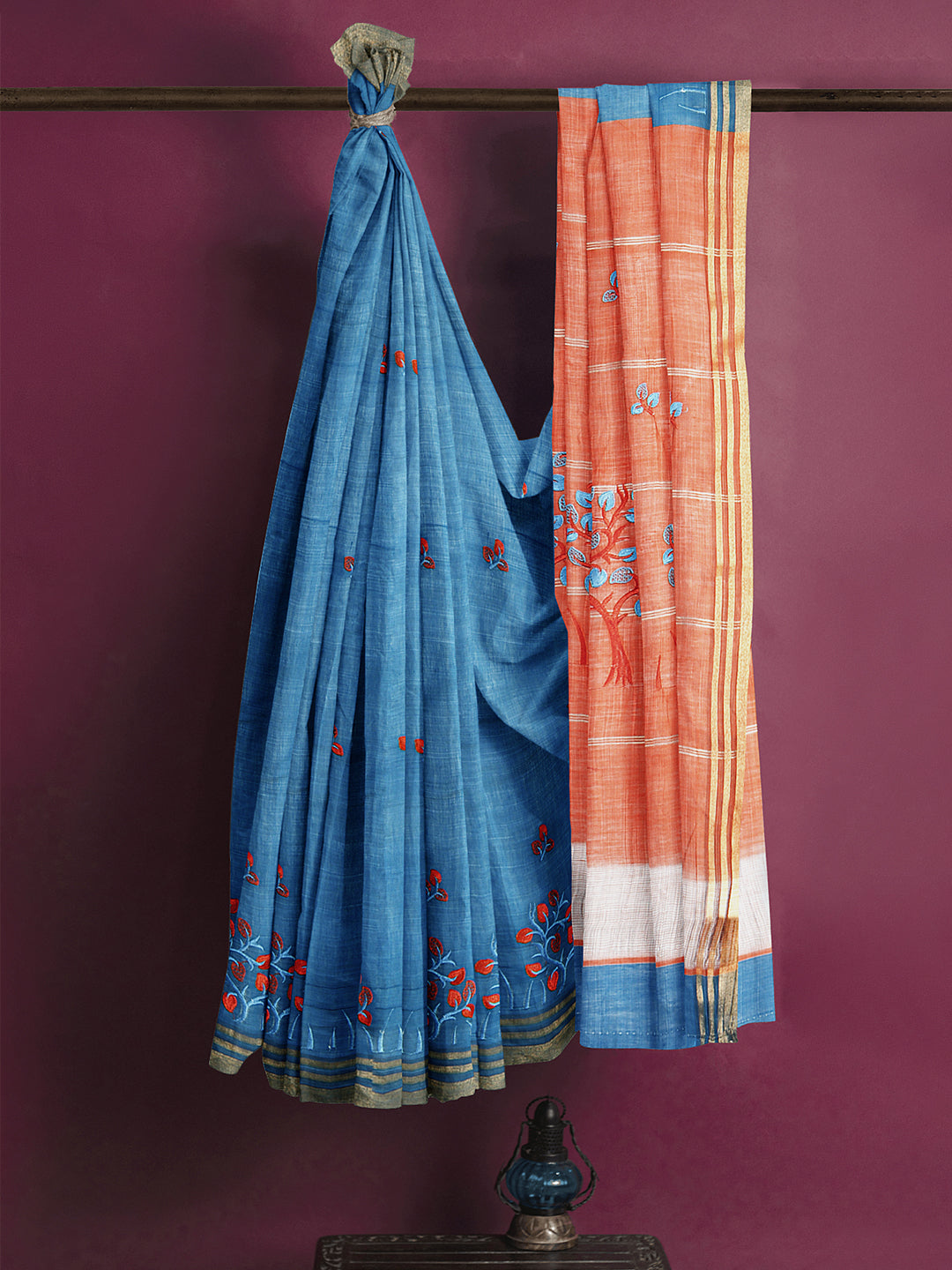 Semi Silk Cotton Blue with Orange Colour Allover Embossing Design Saree SSC19
