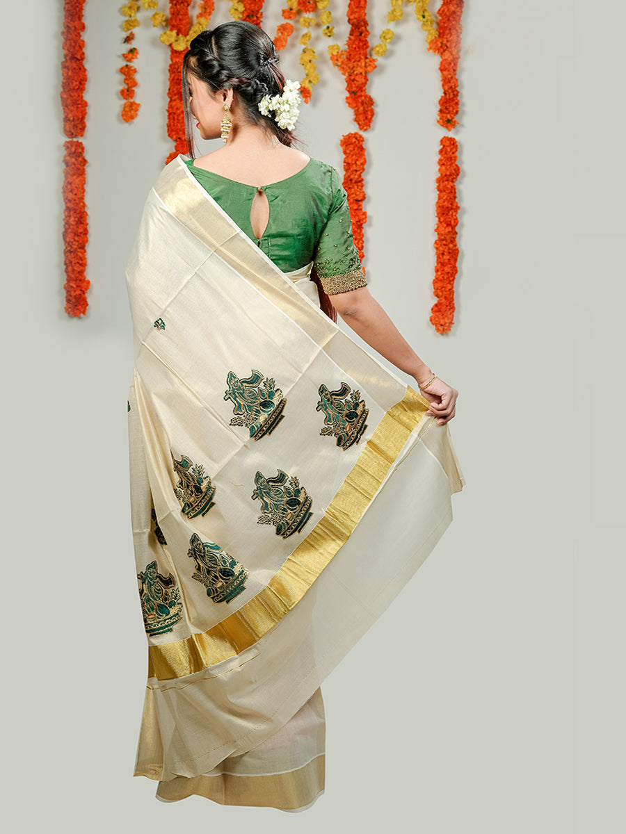 Womens Kerala Tissue Krishnan Design Embroidery Gold Jari Saree KS85 Onam Collection