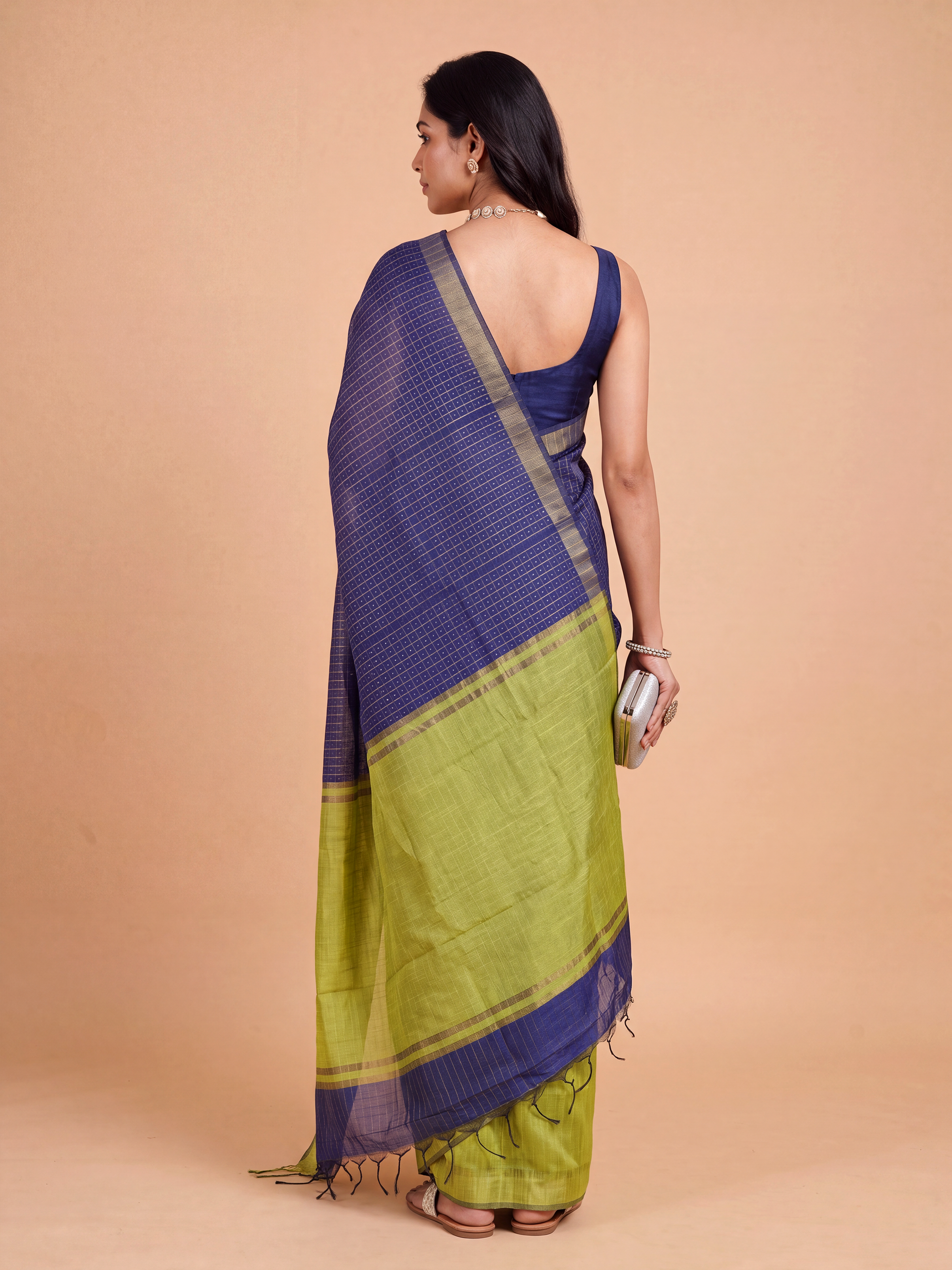 Women Semi Linen Dark Blue Checked Fancy Saree SL262