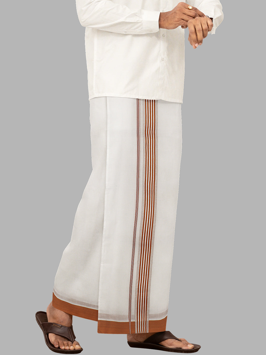 Men Brown Fancy Border Double Layer White Dhoti RF01