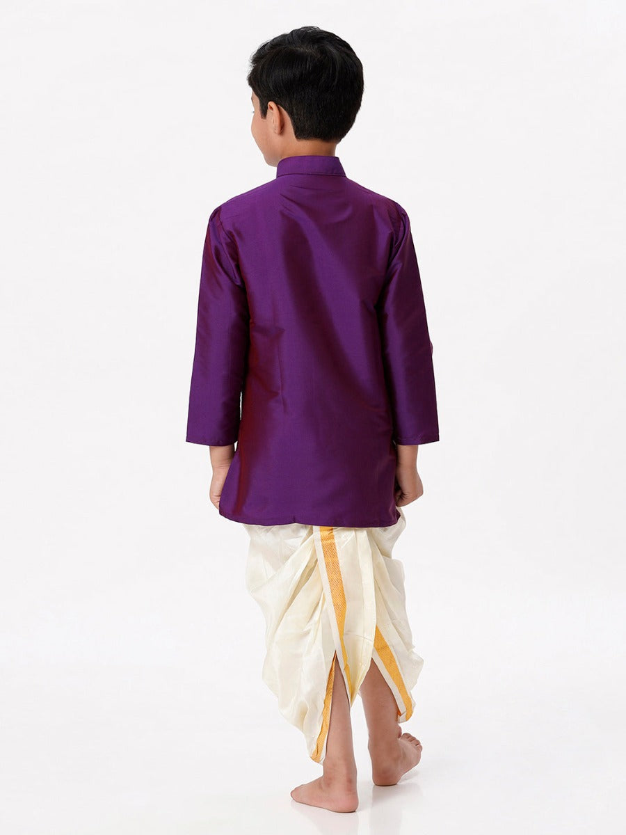Boys Silk Cotton Full Sleeves Purple Kurta with Panchakacham Combo-Back view