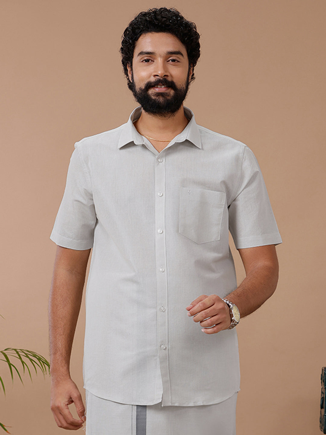 Men Tissue Dhoti & Half Sleeves Shirt Set Licorice